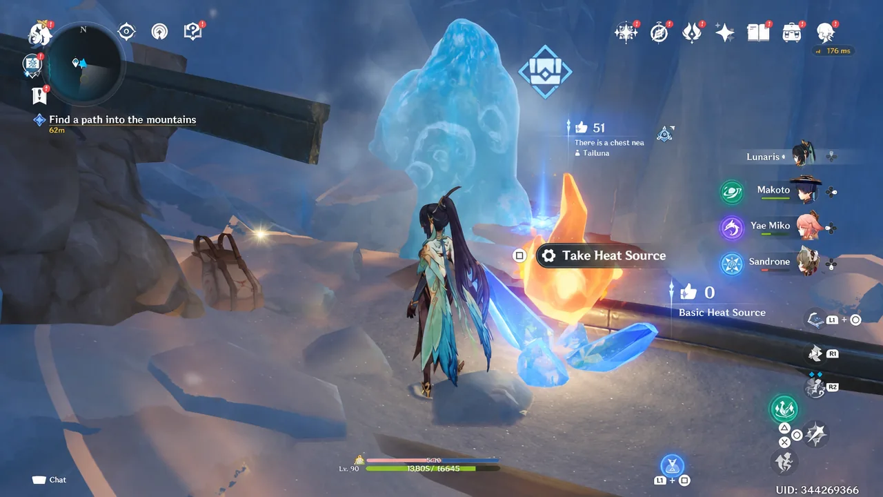 The Take Heat Source interaction prompt highlighted as the player collects a glowing orange Basic Heat Source