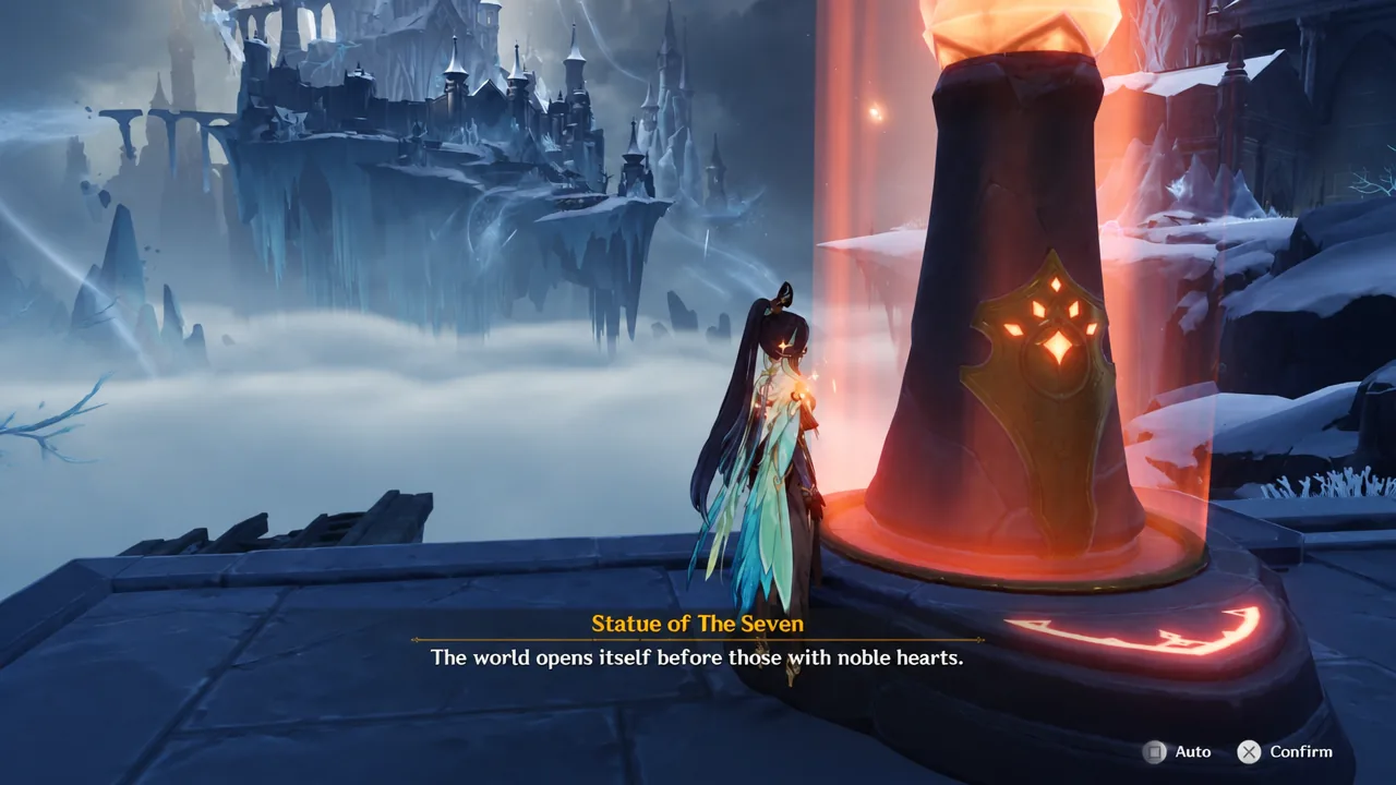 The Statue of The Seven interaction prompt open, awaiting confirmation to continue