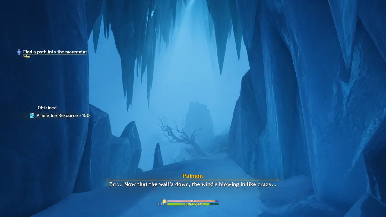 Objective tracker Find a path into the mountains active as the player traverses an icy cavern