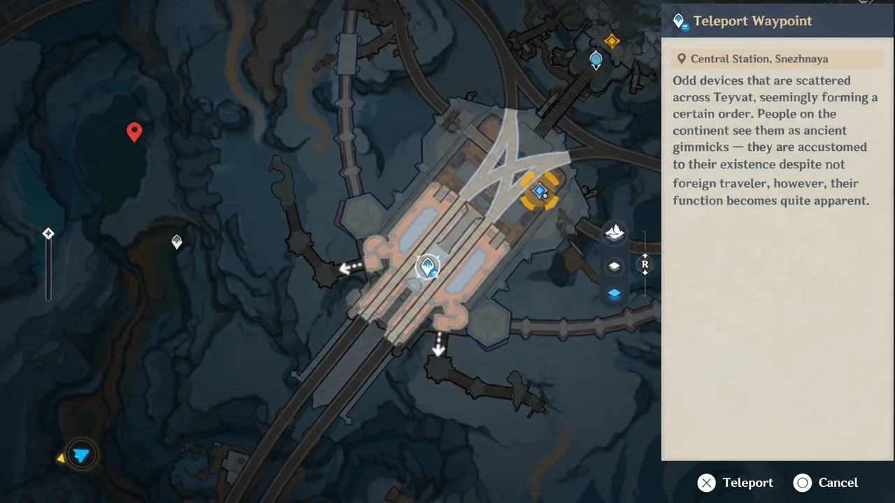 Teleport waypoint panel for Central Station in Snezhnaya with the teleport command ready