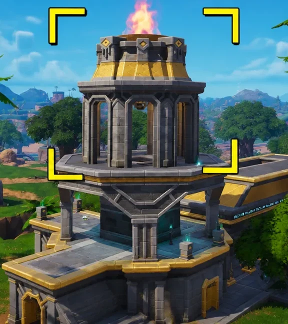 The tall flaming tower at the middle of Stone Sanctum highlighted by yellow corner markers