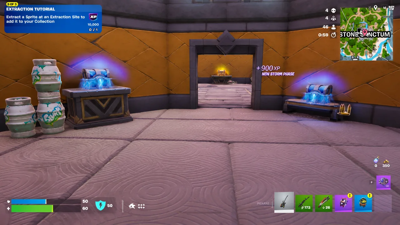 Extraction site with glowing Sprite chests and an in-progress Extract a Sprite objective