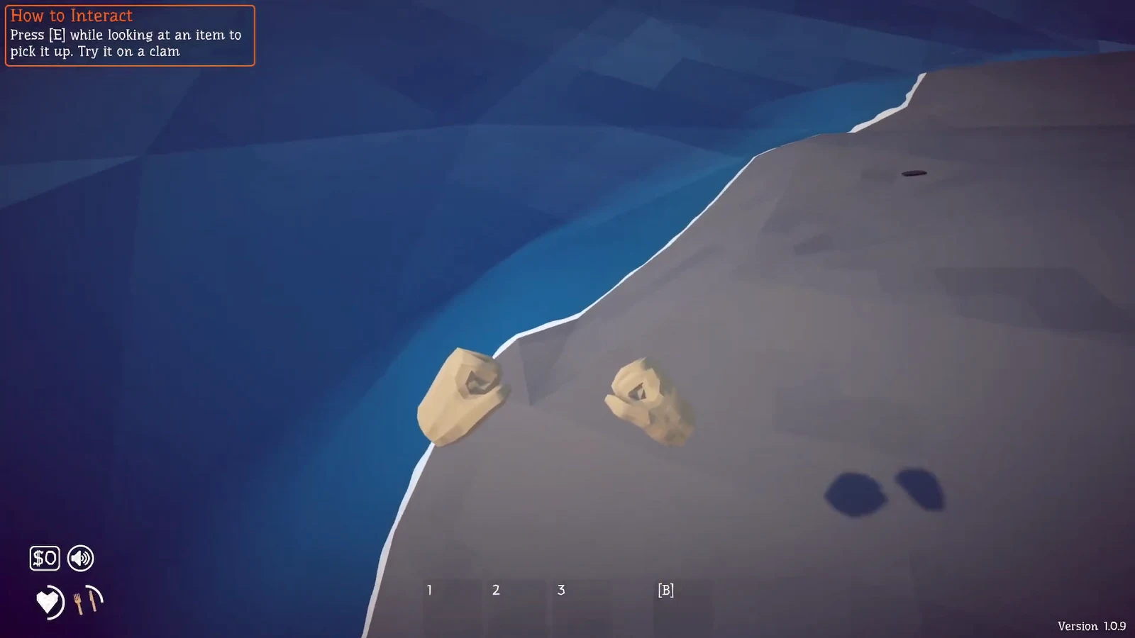 How to Fish interact tutorial telling the player to press E while looking at a clam