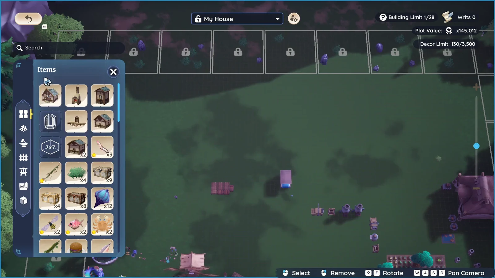The Items inventory panel in Palia's housing menu showing placeable house pieces and decorations