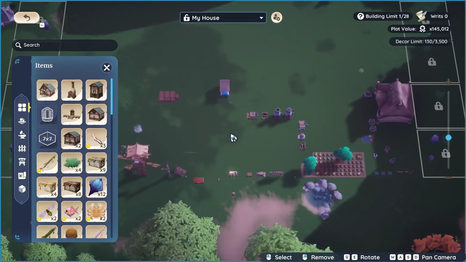 The My House overhead building view in Palia with the Items catalog open on the left side