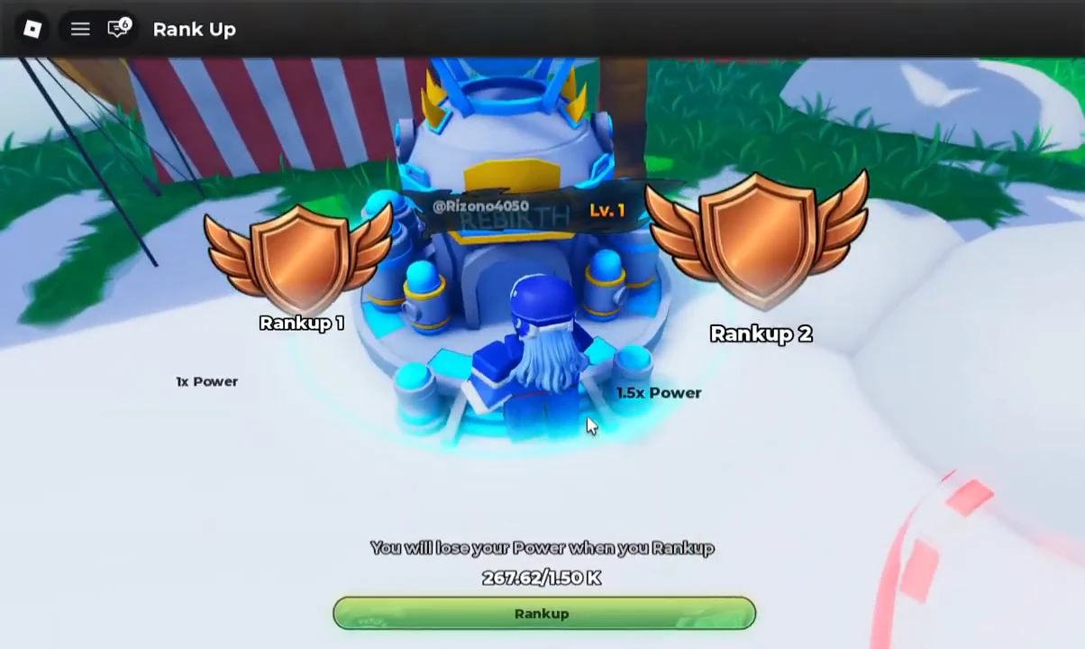Rank Up menu showing Rankup 1 and Rankup 2 tiers with power cost and a green Rankup button