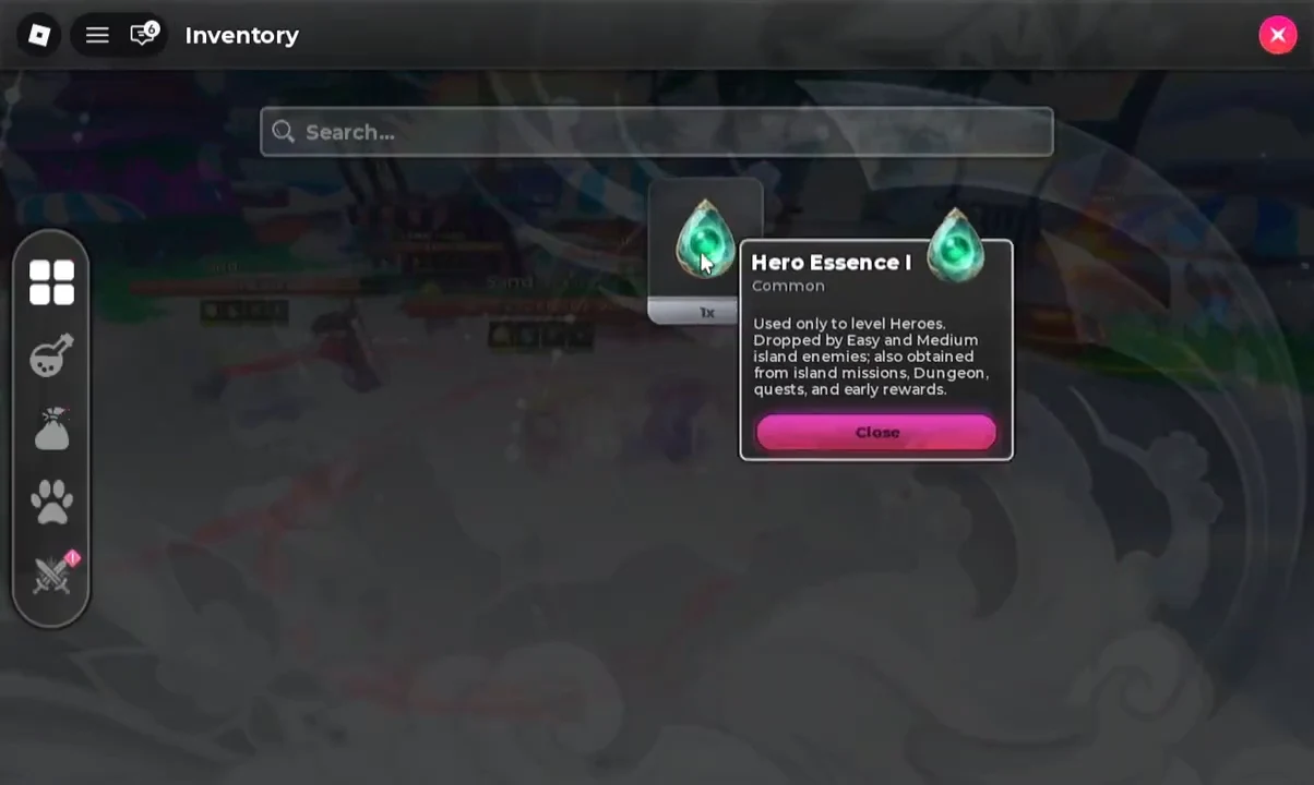 Inventory tooltip for Hero Essence I explaining its use for leveling heroes and its drop sources