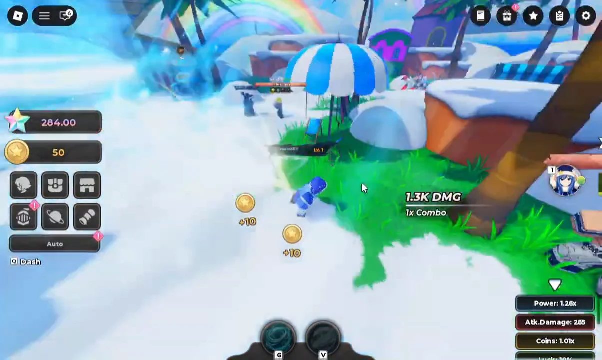 Player attacking enemies in a snowy arena with damage numbers, combo count, and coin rewards on screen