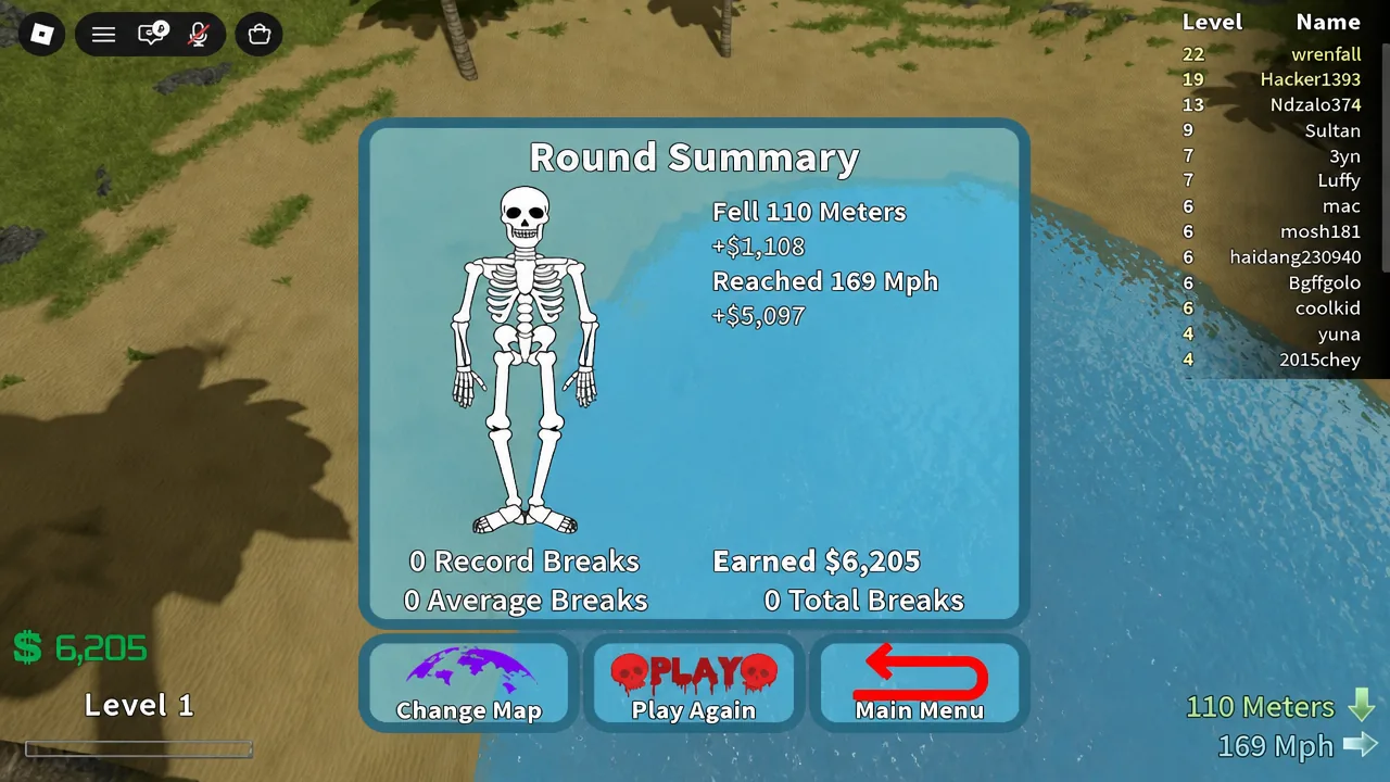 Round Summary with the Main Menu button highlighted next to Play Again and Change Map