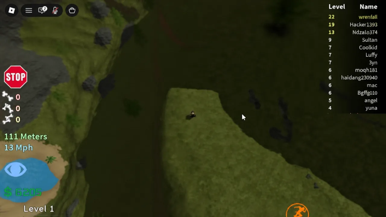 Running across the island at 13 mph with the speed readout on the movement HUD