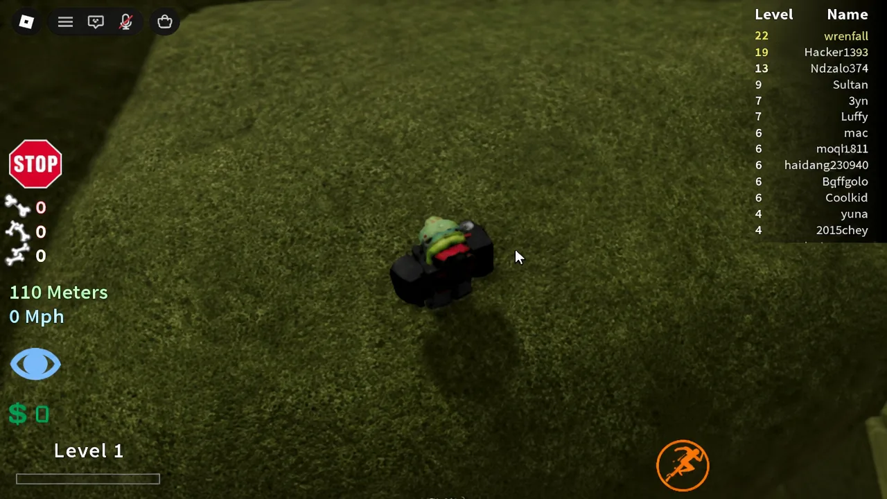 Player standing on the grassy cliff top with the Stop button visible on the HUD