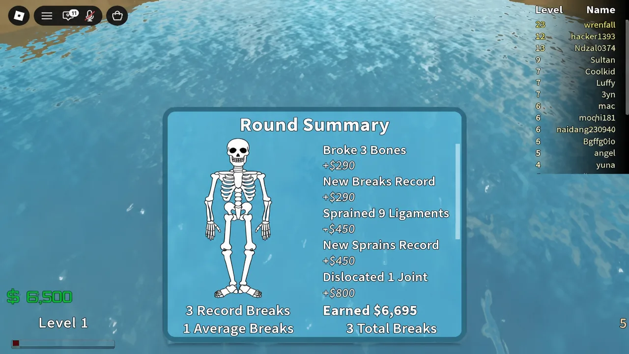 Round Summary screen listing fall distance, top speed, earnings and break totals