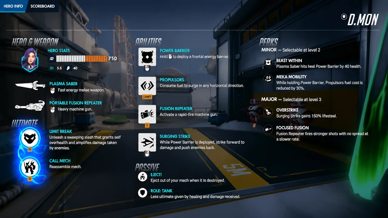 D.Mon hero info screen showing abilities and perks