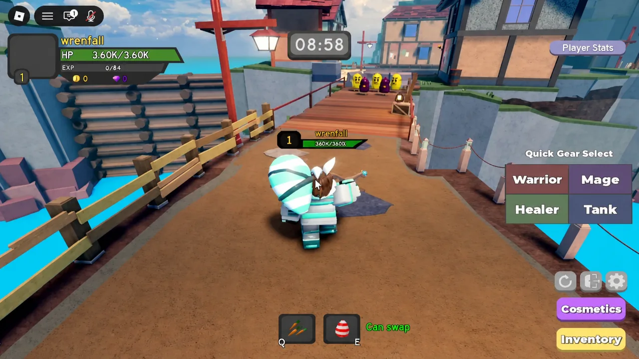 Quick Gear Select menu open with Warrior, Mage, Healer, and Tank class buttons