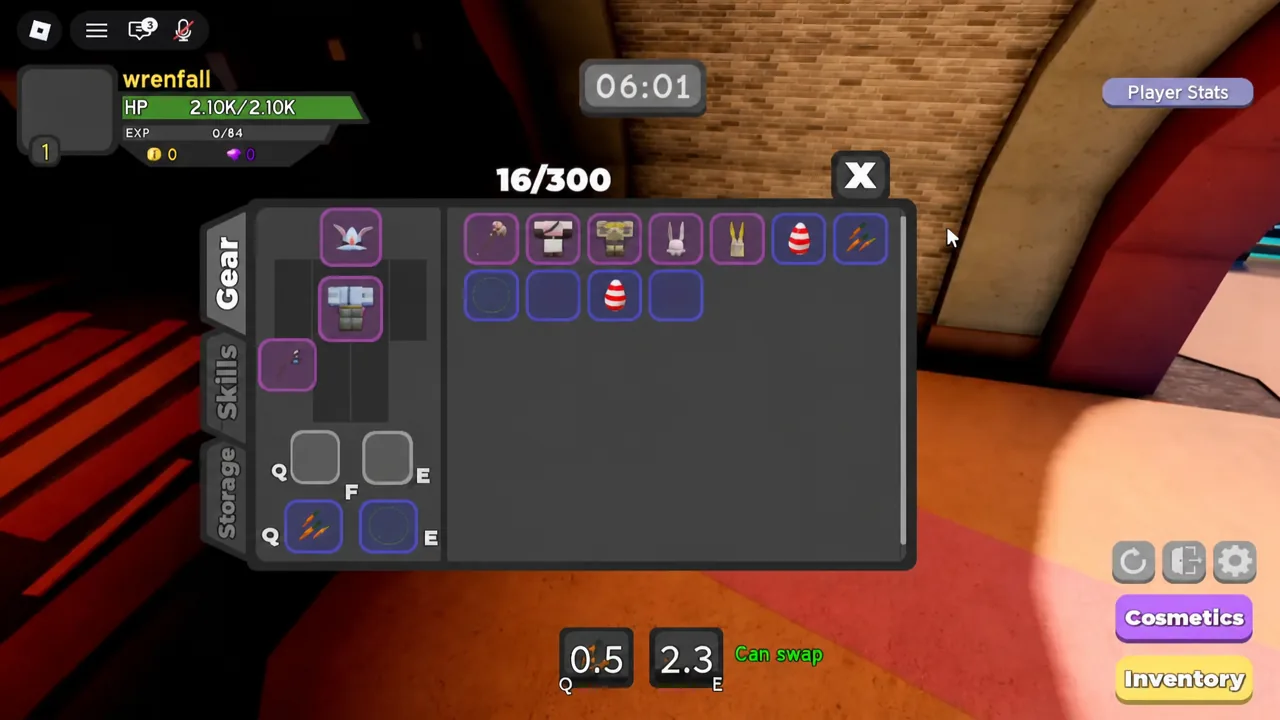 Inventory screen open on the Gear tab showing equipment slots and item grid