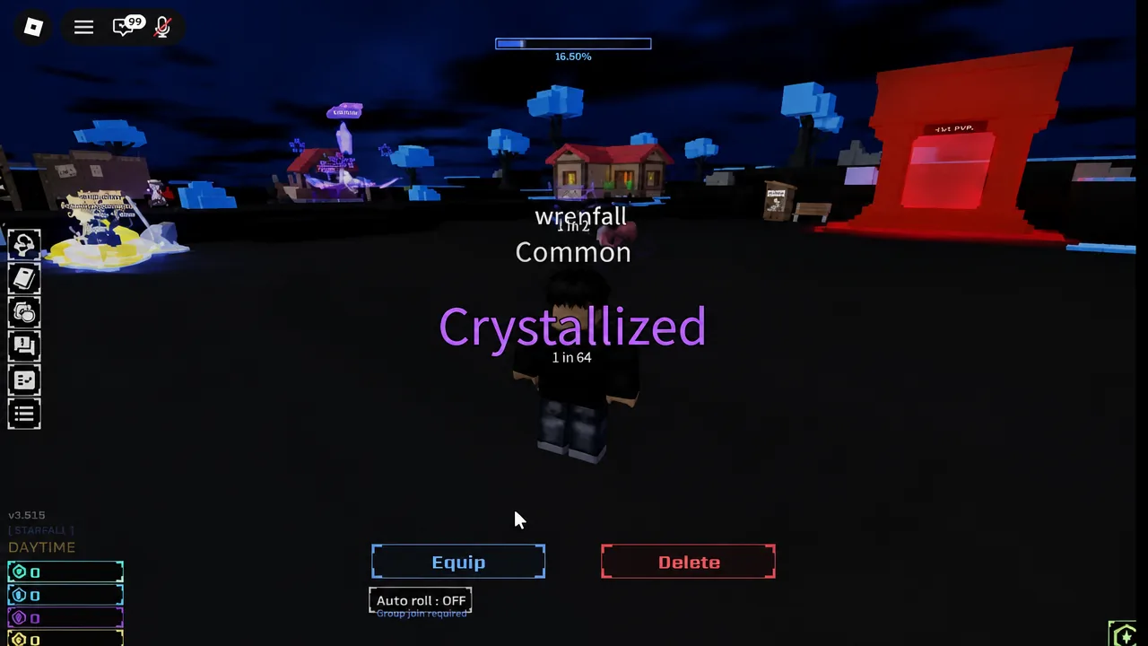 Crystallized aura result with the Equip button highlighted and ready to press