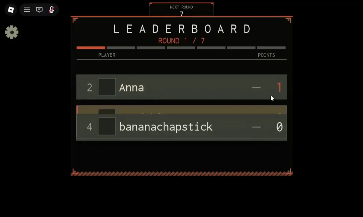The Round 1 of 7 leaderboard listing player names and their point totals after a round