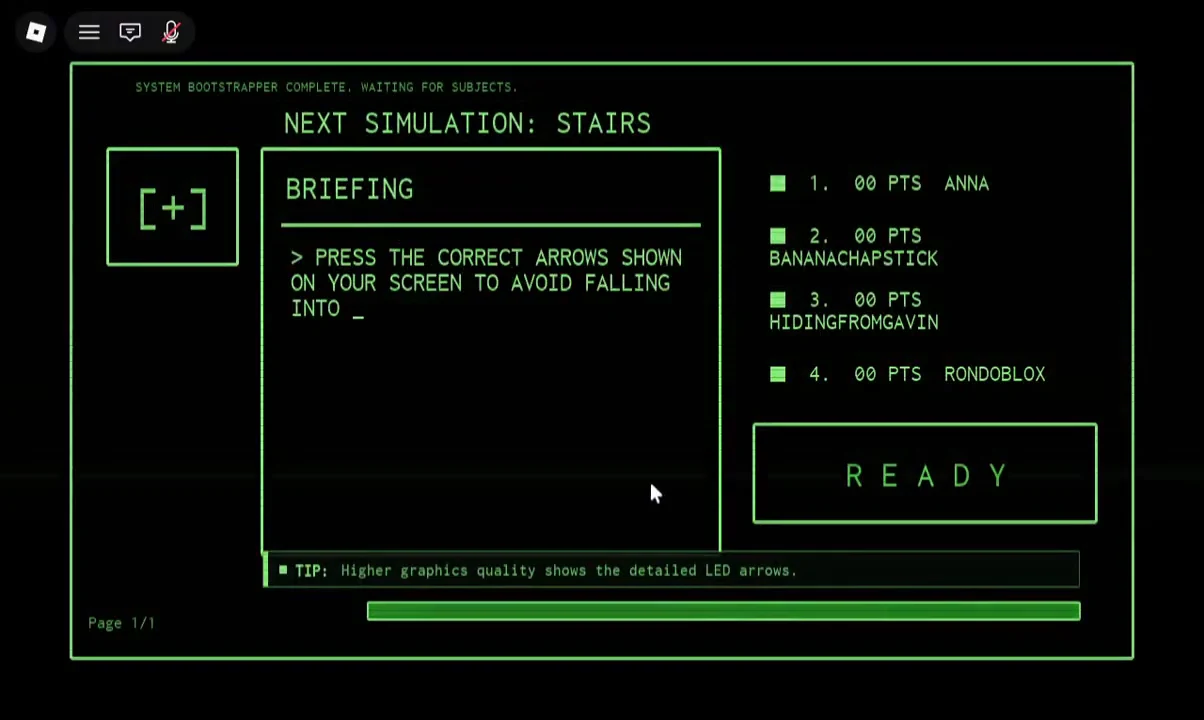 The BRIEFING screen for the Stairs simulation with instructions to press the correct arrows before pressing READY