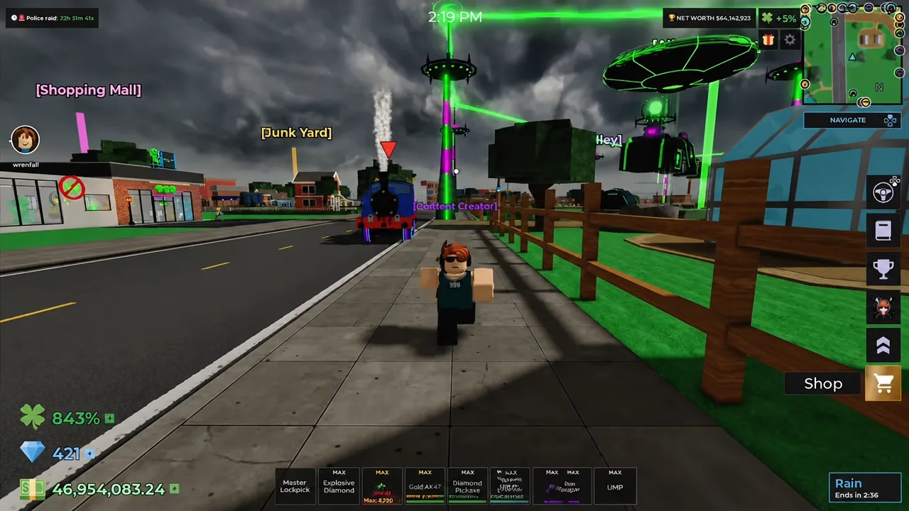 Luck prep means routing between town, the mall, and the questline areas rather than sitting in one auction house.