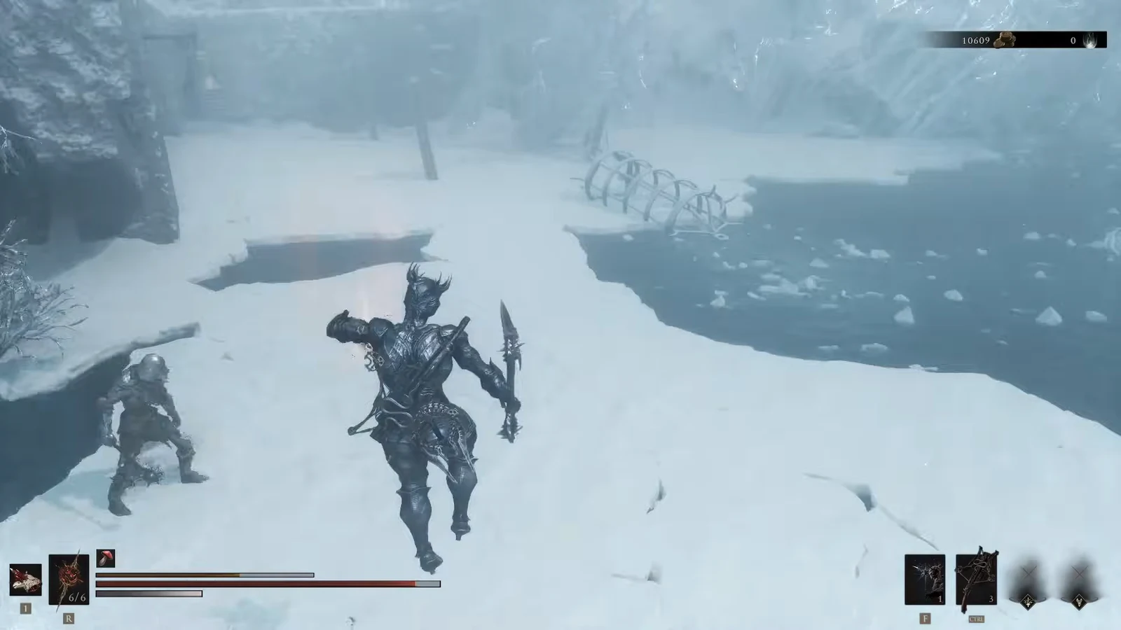 Player advances with spear raised toward an enemy on the upper cliff route