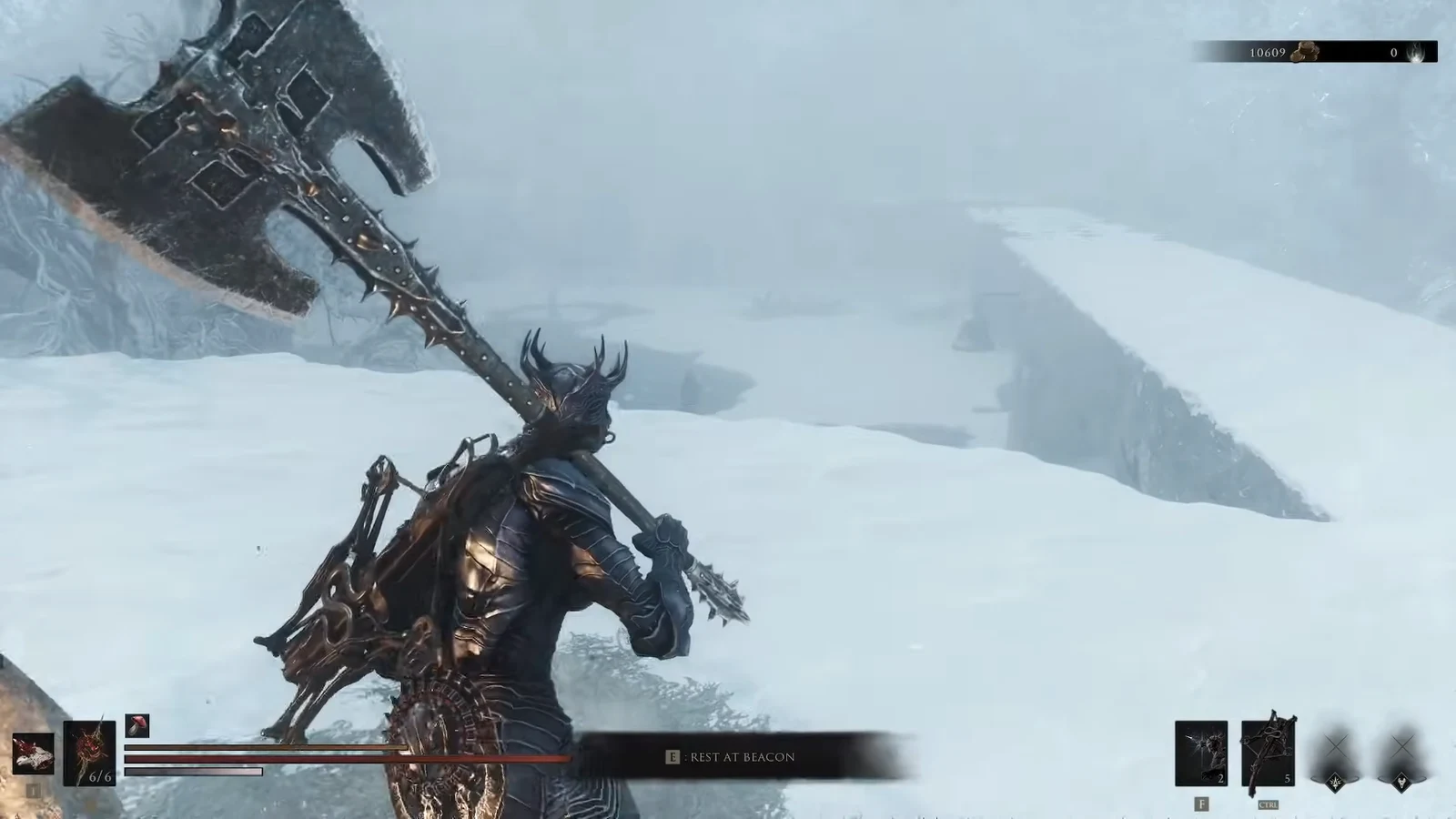 Rest prompt at the Winterglass Lake Beacon before the broken bridge