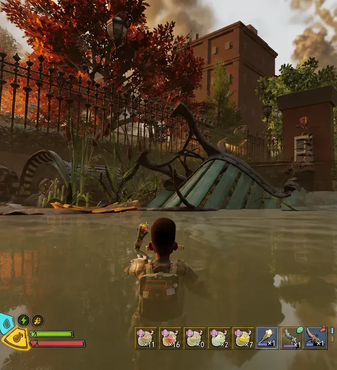 Swimming underwater toward a red valve marked by a yellow arrow during the Explore the bottom of the pond objective