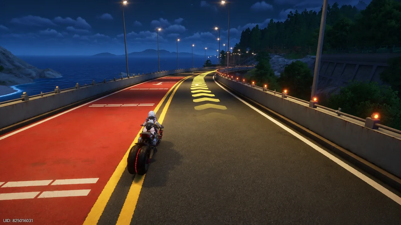 Player riding a motorcycle along a lit coastal bridge on the road heading into Duskmoor