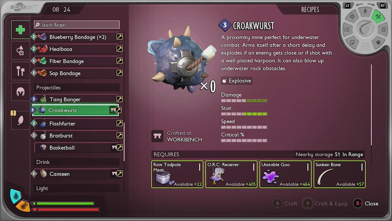 Workbench recipe screen with Croakwurst selected, showing its material costs before crafting