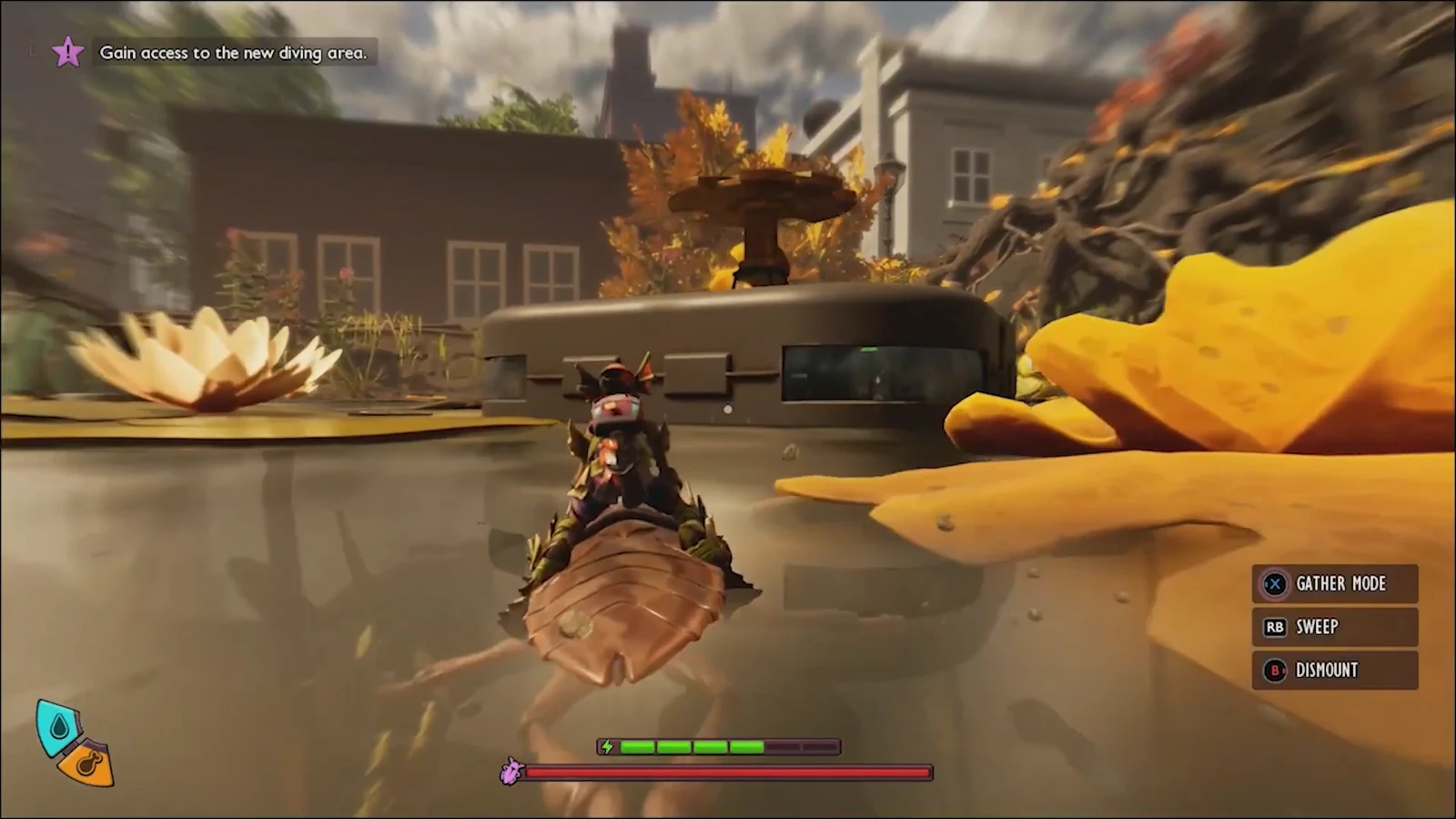 Character swimming underwater in Skunk Pond with the Gather Mode control shown on screen