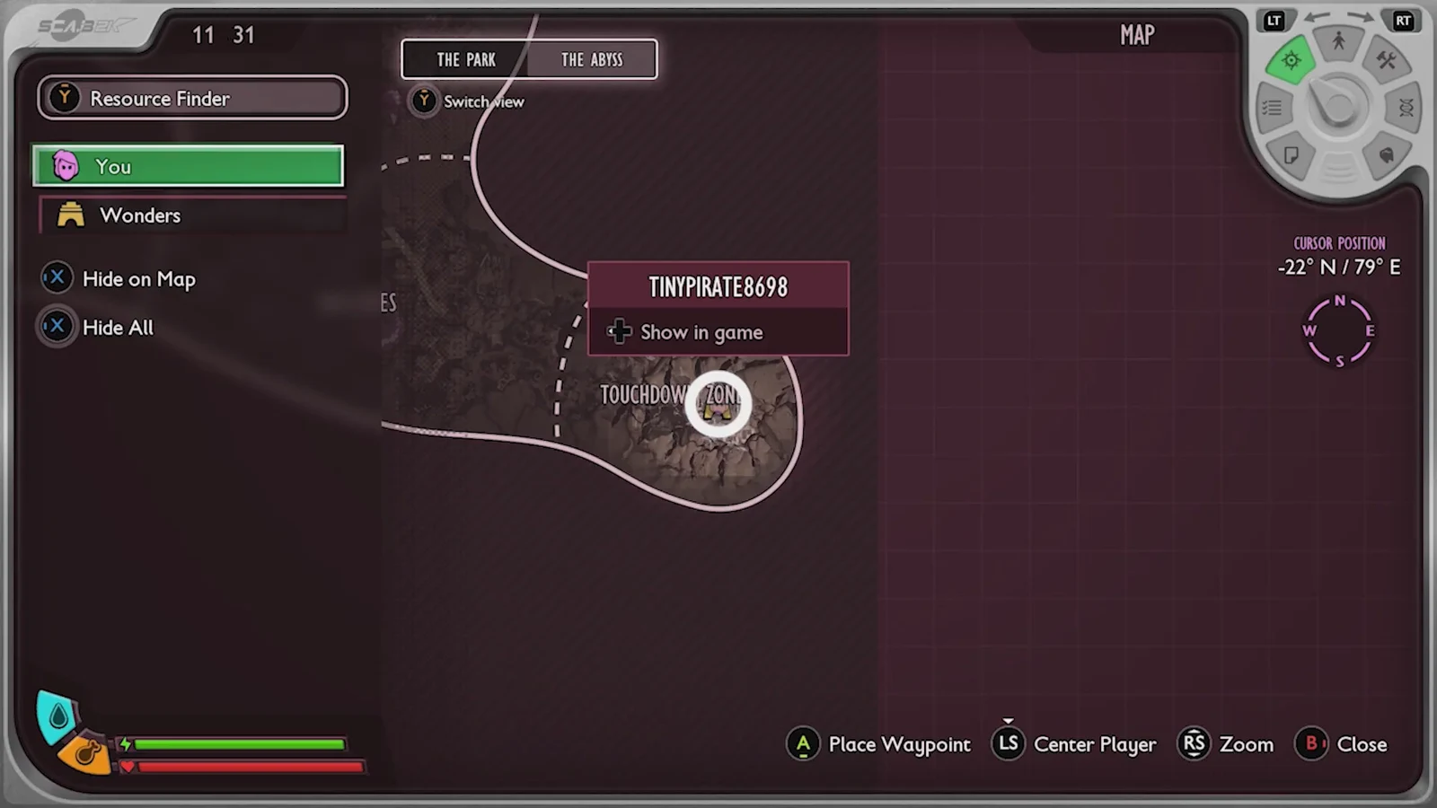 Abyss map screen with the Resource Finder highlighting the player marker