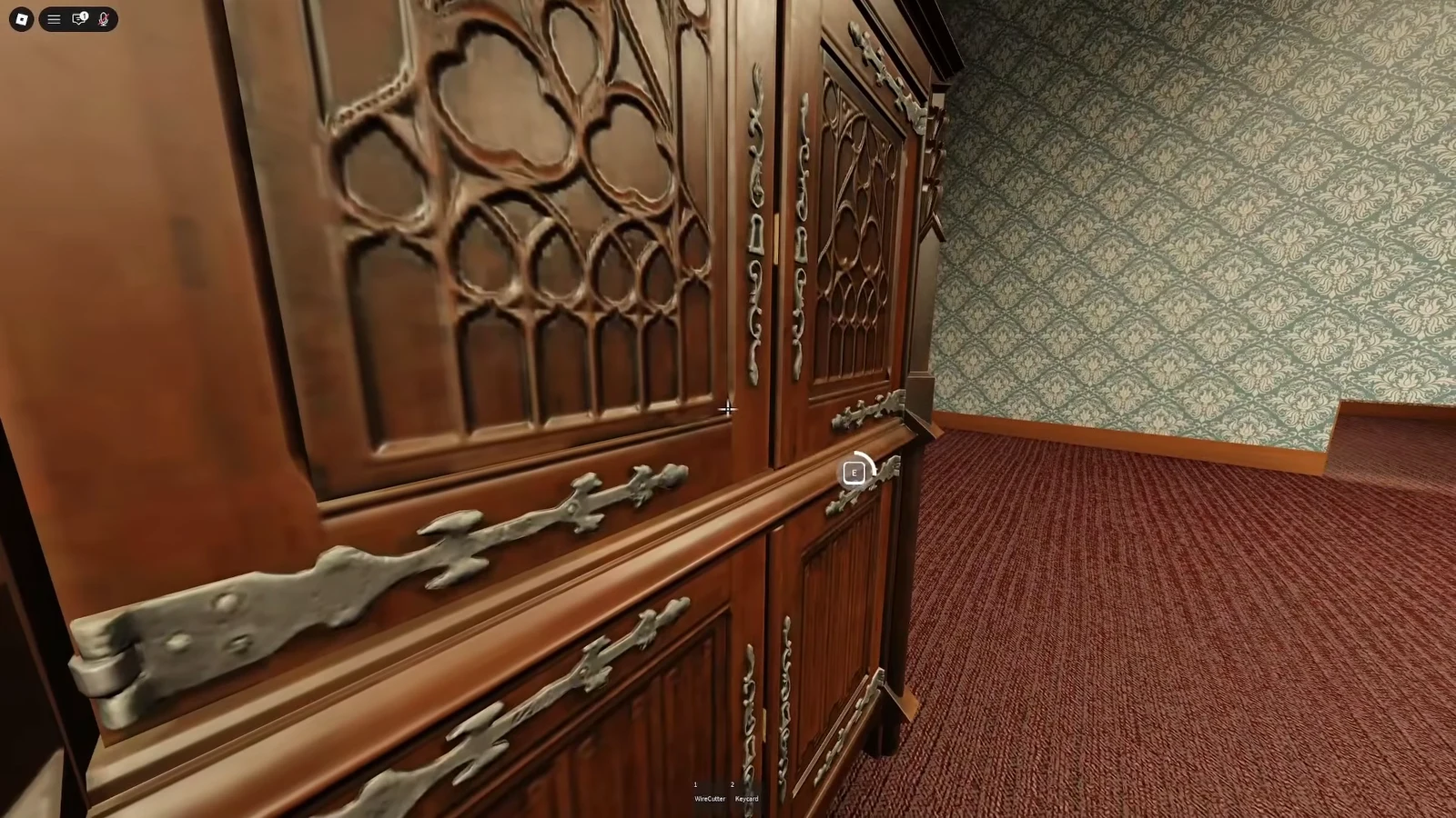 Cabinet drawer with an E prompt while the WireCutter and Keycard sit in the inventory bar