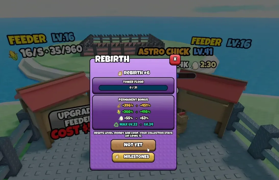 The Rebirth #6 panel showing the required tower floor and the permanent bonuses granted on reset.
