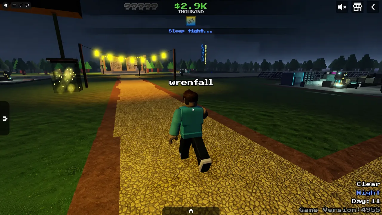 Player walking the lit path through the tycoon at night in TBOD^2