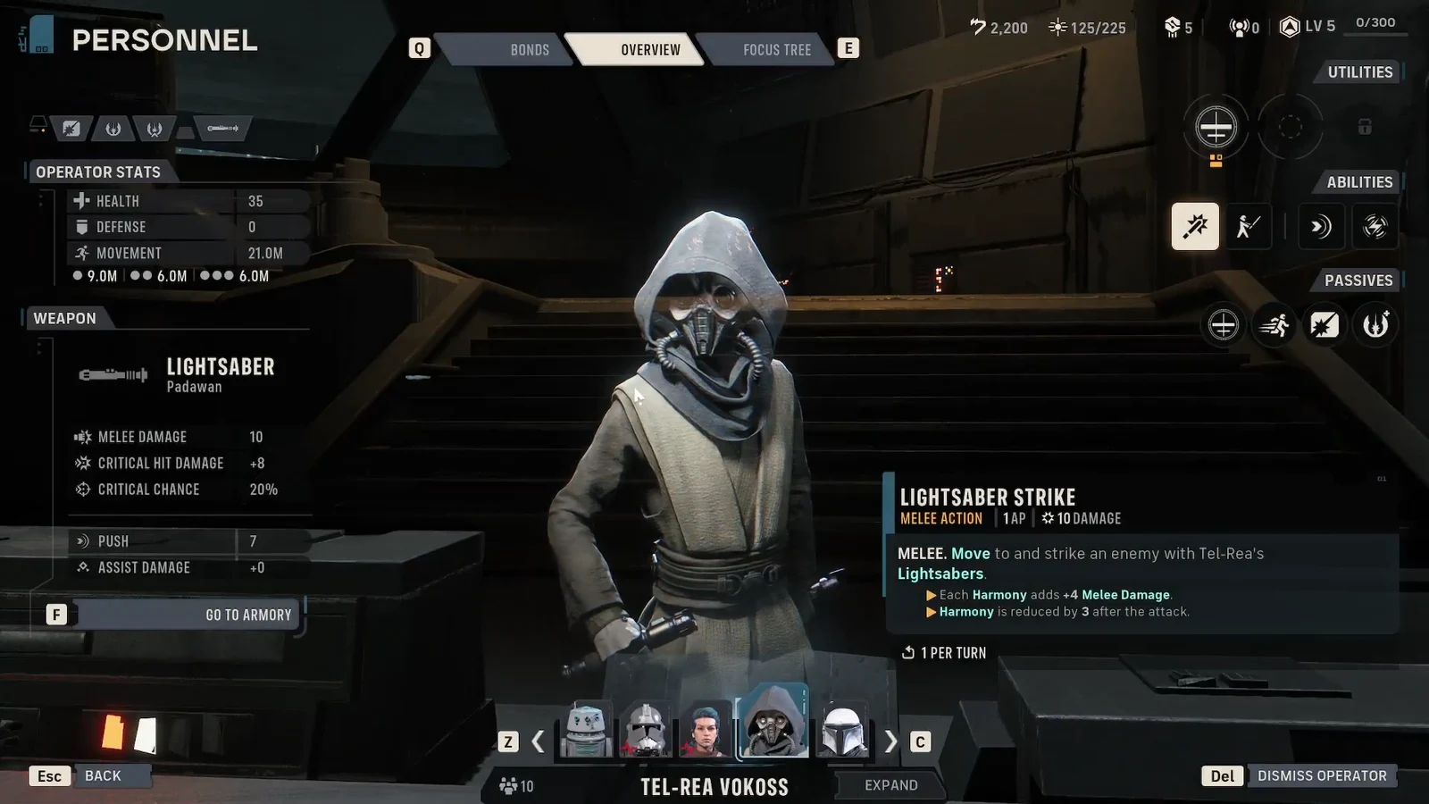 Personnel Overview screen showing Tel-Rea Vokoss with her Lightsaber Strike ability and operator stats