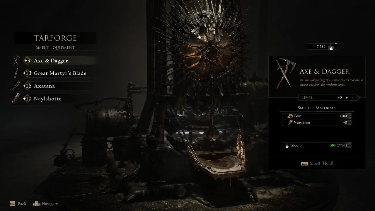 Smelt Equipment menu with the Axe and Dagger selected at level +3 ready to smelt