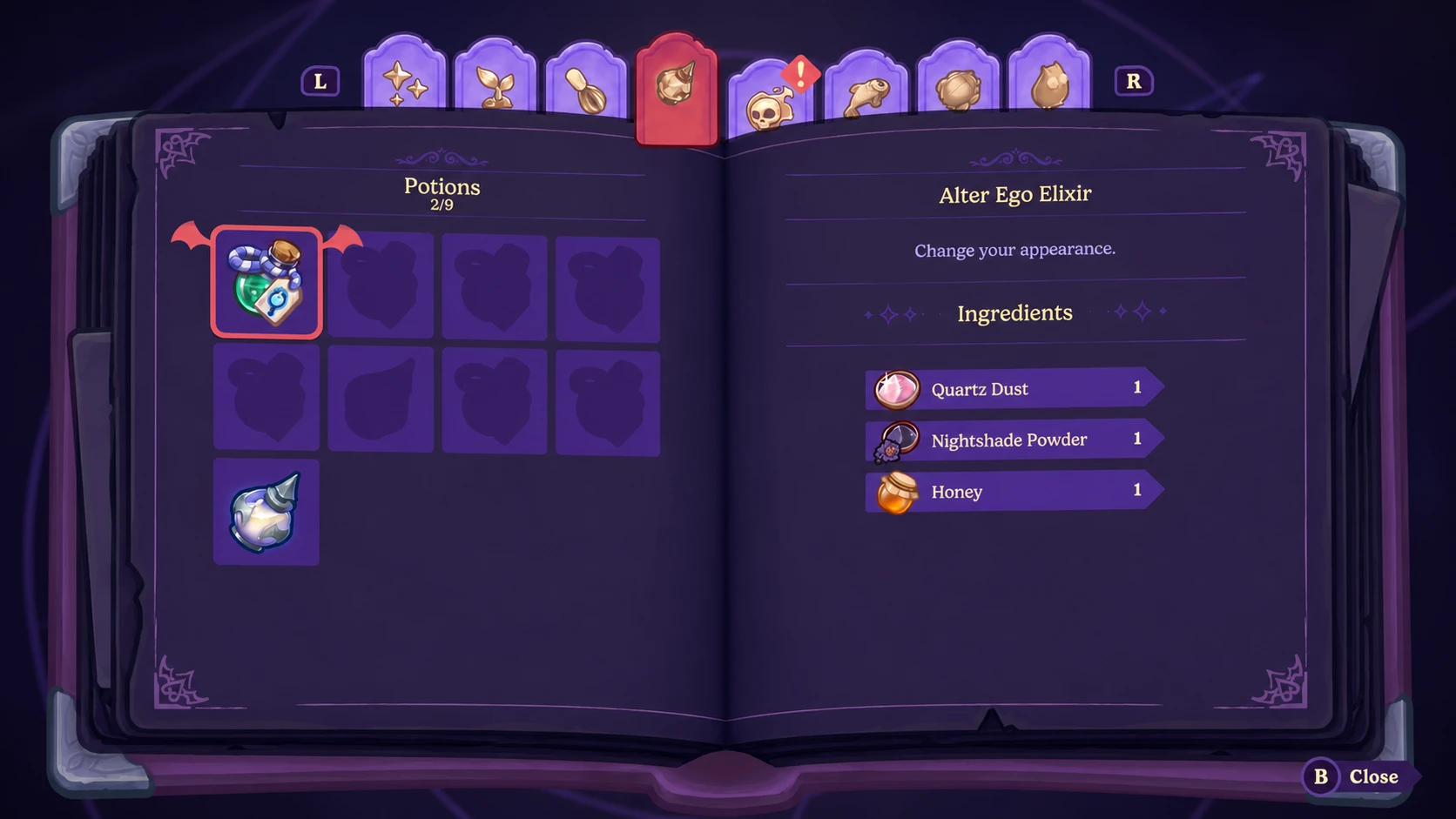 Potions listed in the collections menu of Moonlight Peaks