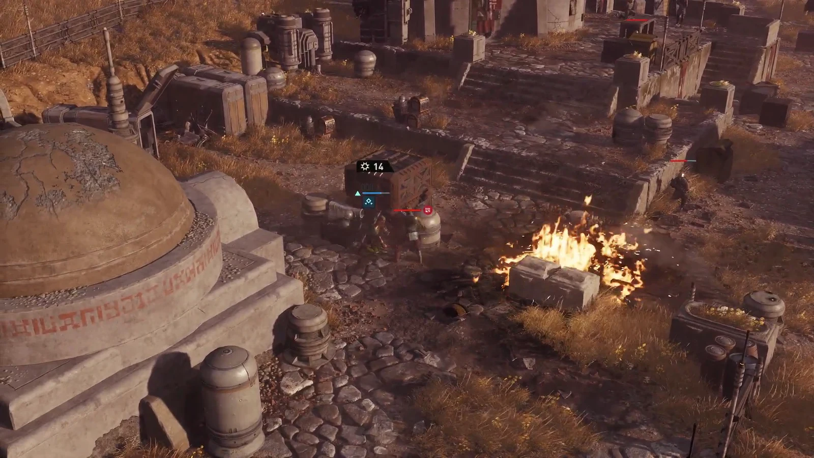Selected operator holding position beside burning ground with enemy health bars displayed
