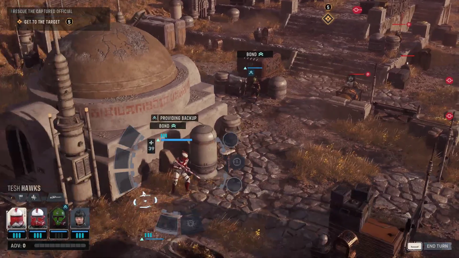 Rescue the Captured Official objective on screen as the squad supports a teammate near the target