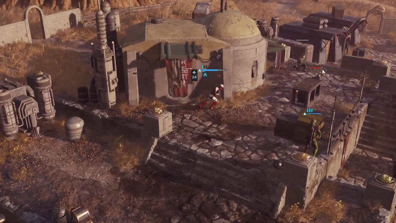 Squad members targeting an armored enemy outside the domed structure where the officer is held