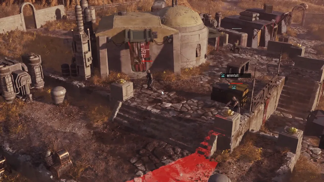 Operator lining up an attack on a marked enemy while pushing through the middle of the map