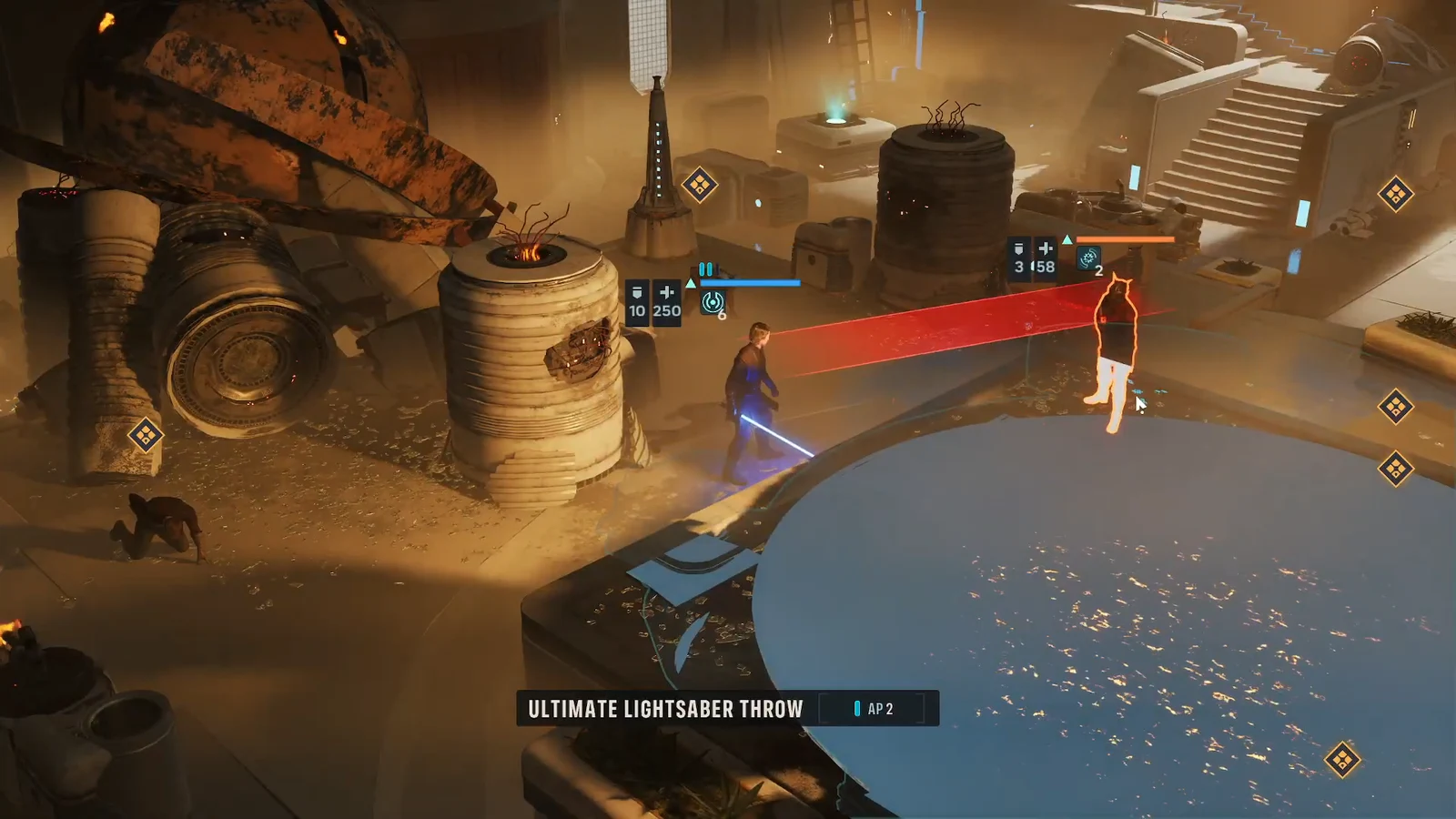 Red aiming beam locked onto an outlined Coil BX Droid Sniper with the lightsaber throw prompt on screen
