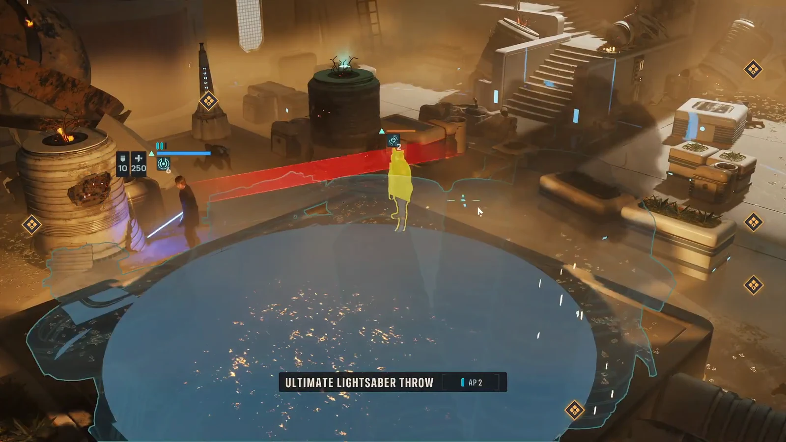 Combat interface showing Ultimate Lightsaber Throw selected at a cost of two action points