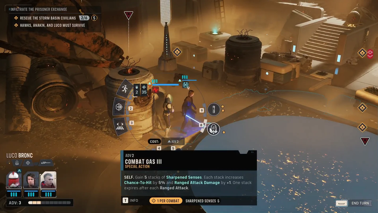Combat Gas III tooltip open on Luco Bronc showing the Sharpened Senses effect and once-per-combat limit