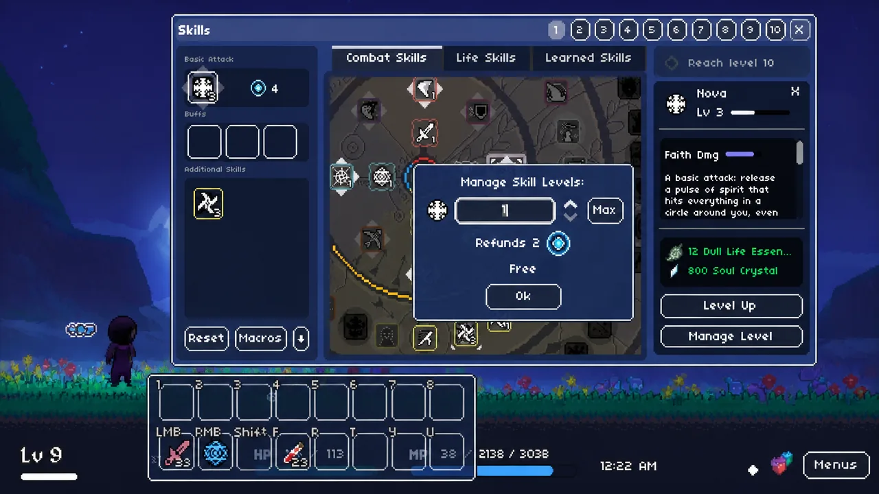 Manage Skill Levels dialog for Nova showing level 1 and controls to adjust the level