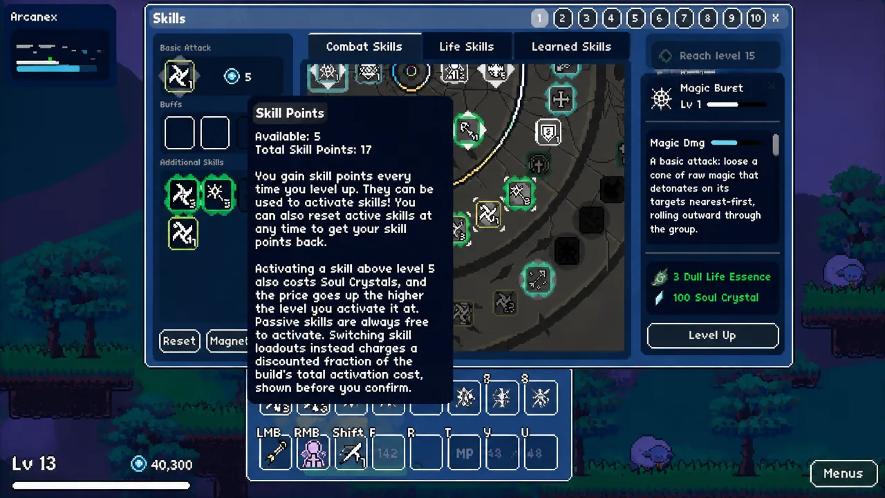 Combat Skills tab with Magic Buret selected and its level-up requirements shown