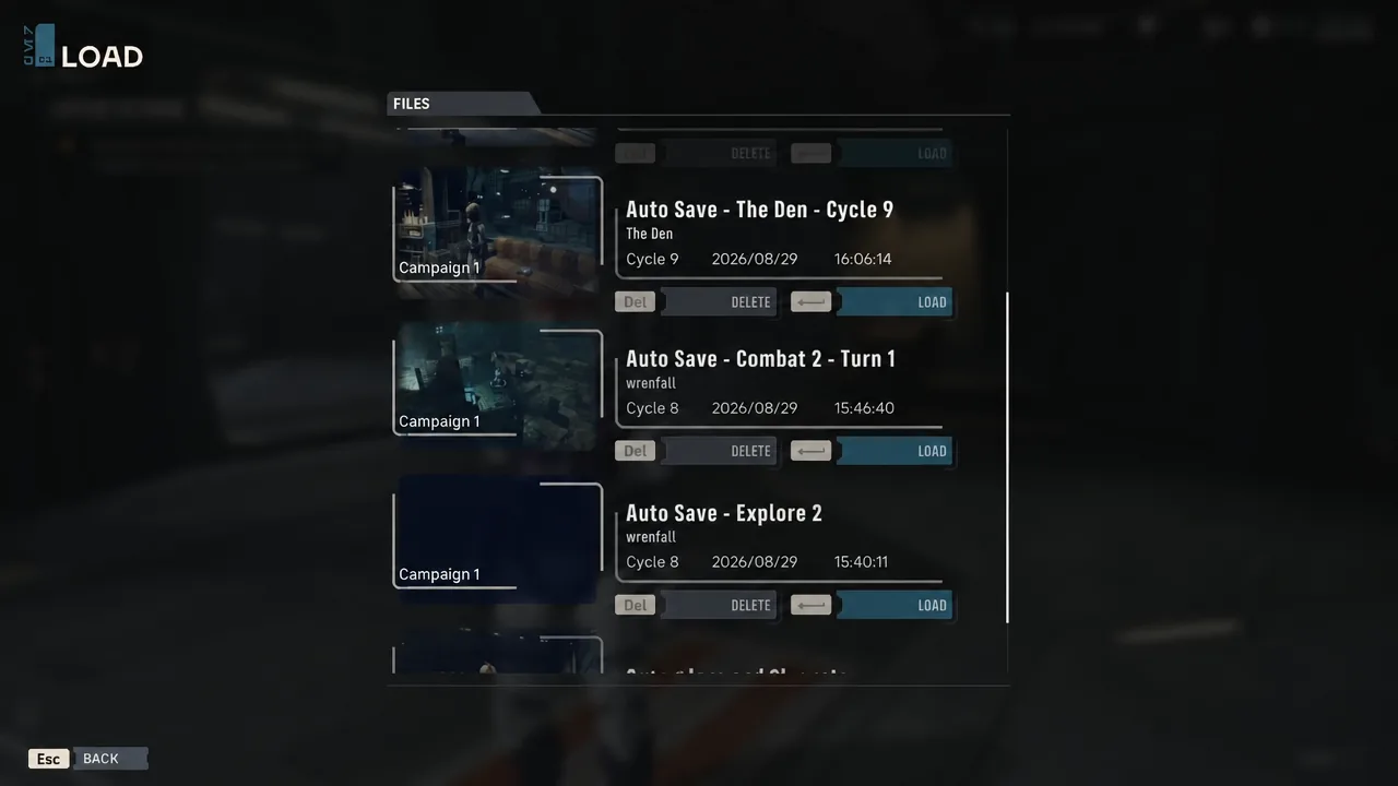 The LOAD screen mixes manual saves and autosaves in one list, here with a Den autosave selected.
