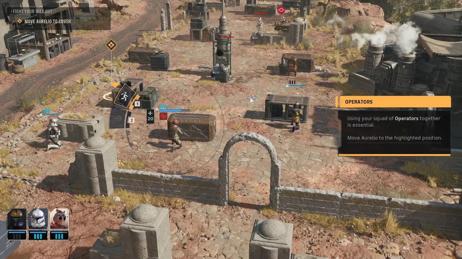 Fight Your Way Out tutorial prompt directing the player to move Aurelio to cover