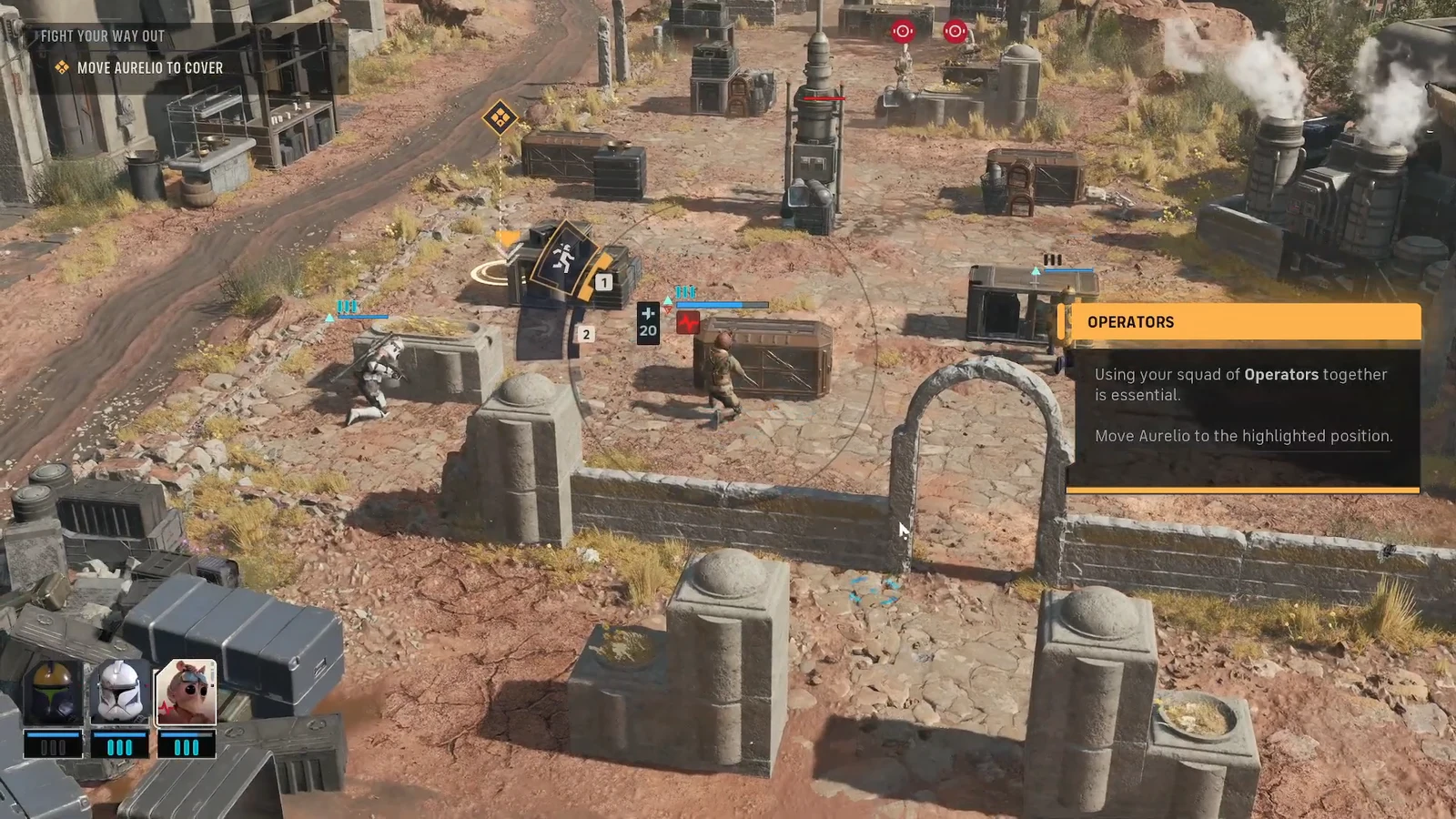 Objective marker showing the highlighted position to move Aurelio to on the battlefield