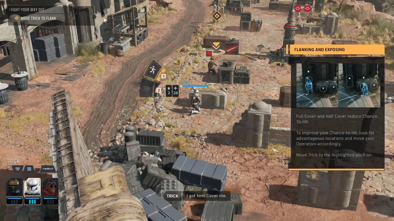 Flanking and Exposing tutorial panel telling the player to move Trick to a flanking position