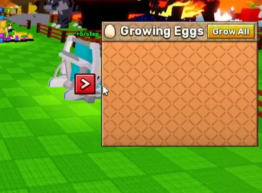 The Growing Eggs pet menu open with the Grow All button and equipped pet list